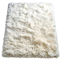 A fluffy, rectangular, ivory-colored faux fur rug rests on a black background, with detailed texture