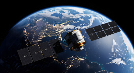 An international space station is seen orbiting above the earth with city lights visible at night in this stunning image of global technology and exploration