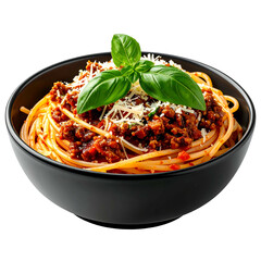 A bowl of spaghetti topped with meat sauce, cheese, and fresh basil, set against black