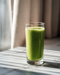 Green smoothie in glass on marble table with sunlight