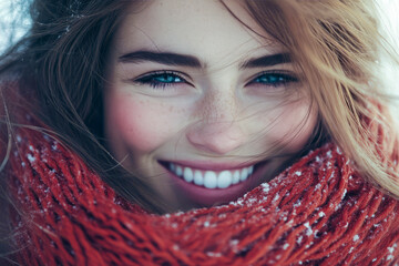 Happy woman smiling wearing red scarf in winter