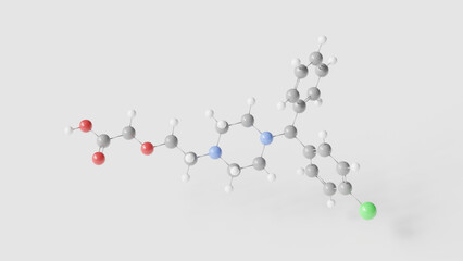 cetirizine molecule 3d, molecular structure, ball and stick model, structural chemical formula antihistamine