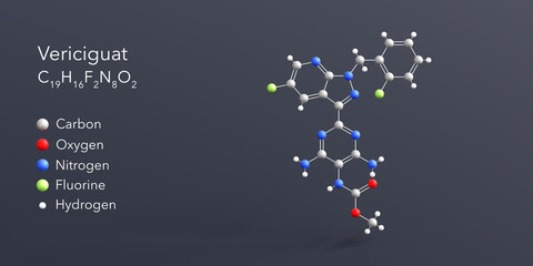 vericiguat molecule 3d rendering, flat molecular structure with chemical formula and atoms color coding