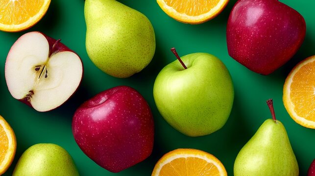A green apple sits next to a red apple and a slice of orange. Concept of freshness and health, as the fruits are natural and unprocessed