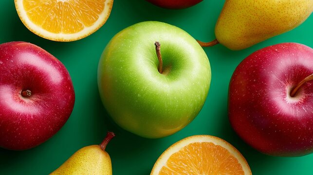A green apple sits in front of a red apple and a yellow orange. The apples and orange are arranged in a way that they look like they are about to be eaten