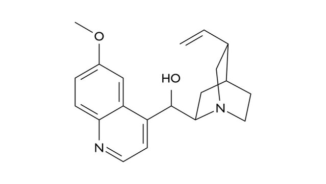 quinidine molecule, structural chemical formula, ball-and-stick model, isolated image antiarrhythmic drug