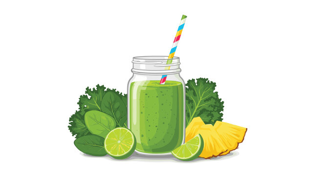 A vibrant green smoothie made with kale lime and pineapple in a jar. - Powered by Adobe