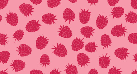 A delightful pattern of ripe red raspberries scattered across a soft pink background.