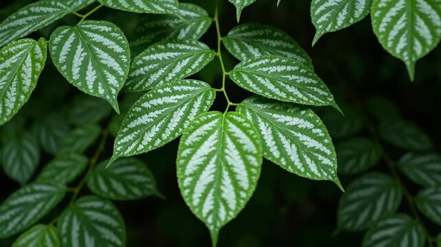 Close up of green leaves with intricate patterns on a dark background.