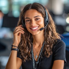 Smiling woman wear headset, engaged in positive, interactive conversation agent, assistant, business, answering, app, call, call center