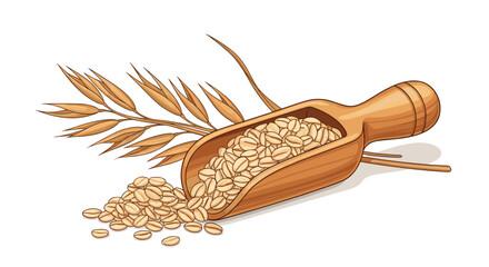 A wooden scoop filled with oat grains next to a stalk of wheat.
