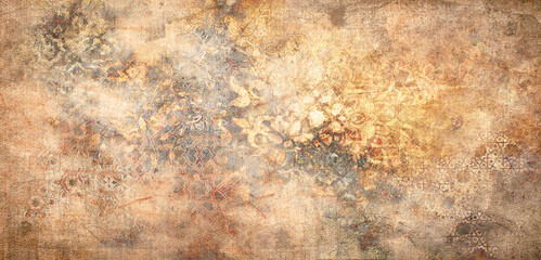 canvas texture background with islamic pattern .the patterns on vintage floor . Old gray brown rusty vintage worn shabby patchwork motif tiles stone concrete cement wall texture background banner	