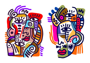 Obraz premium A striking pair of abstract digital portrait illustrations featuring highly fragmented human faces in a vibrant
