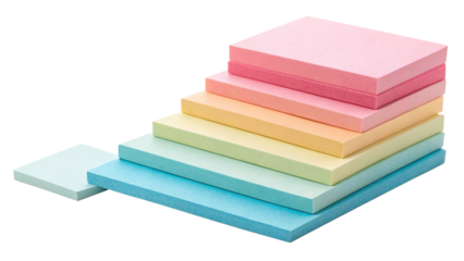 A stack of colorful sticky notes in ascending order of size, isolated on transparent background