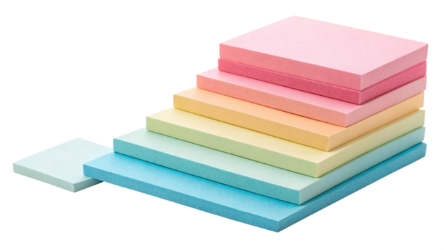 A stack of colorful sticky notes in ascending order of size, isolated on transparent background
