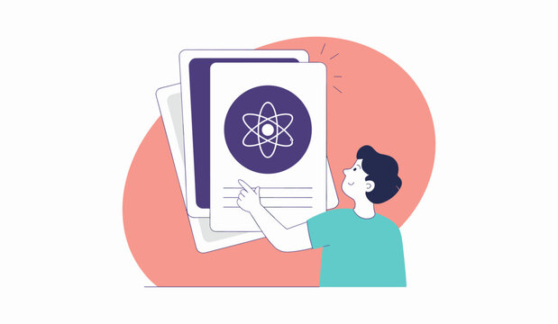 student studying with science flashcards featuring an atom symbol vector illustration 