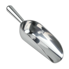 A stainless steel scoop rests angled on a black background, reflecting light