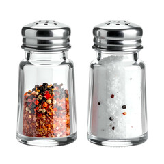 Two glass shakers, one filled with colored peppercorns, the other with coarse salt