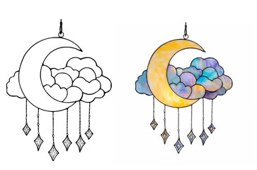 Moon and Cloud Stained Glass Suncatcher – Celestial Window Hanging Decor”