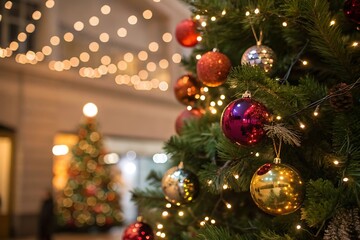 Festive christmas tree decorations with warm lights and a blurred background