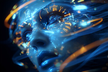 Innovative fractured face with glowing holographic business graphs illustrating future trends and technology in a vibrant digital landscape