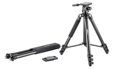 A professional black tripod with a carrying case and quick release plate, isolated on transparent background
