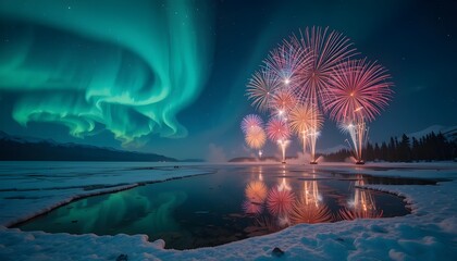 Frozen lake reflecting multicolored fireworks in the night sky, shimmering aurora lights above, cinematic New Year moment.