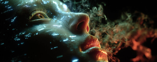 Glowing fragmented humanoid face morphs into vibrant streams of neon holographic charts in a dark digital space