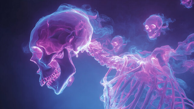 Glowing humanoid torso dissolving into swirling neon fractal ribbons with floating translucent elements creating an ethereal presence