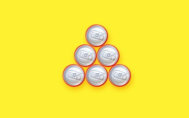 photo of a bunch of cans from above. with a yellow background. top view