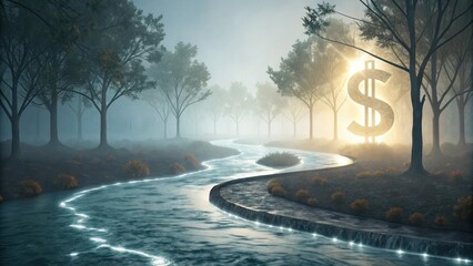 Abstract visualization of financial streams merging in a misty landscape