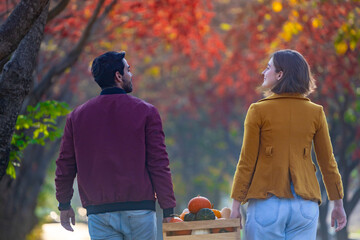 Happy caucasian farmer couple carrying organics homegrown produce harvest with apple, squash and pumpkin while walking along the country road with fall color from maple tree during autumn season usage