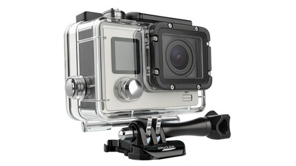 Action camera in waterproof housing with mount, isolated on transparent background