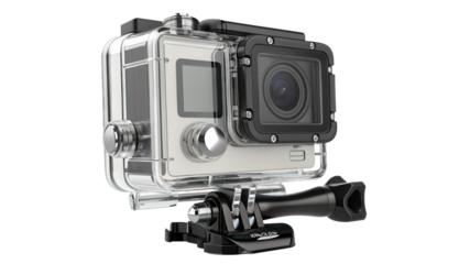 Action camera in waterproof housing with mount, isolated on transparent background