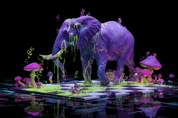 Psychedelic purple elephant spraying neon green paint onto a glowing environment filled with vibrant mushrooms and surreal elements