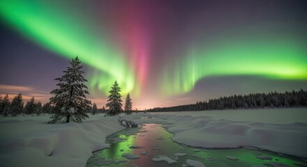 Northern lights aurora borealis over winter landscape
