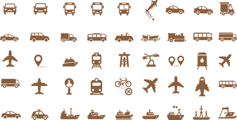 Transportation and travel icon set, car, bus, ship, airplane, truck, train, location, navigation, logistics, delivery, travel vector illustration.