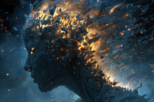 Enormous humanoid form made of intertwined fractal flames and glowing crystalline shards rising in a cosmic landscape at twilight