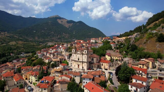 Italy Abruzzo Castel di Sangro Aerial 4K Video Scenic Medieval Town in L'Aquila Province Surrounded by Apennine Mountains Landscape Drone Footage Central Italy Travel