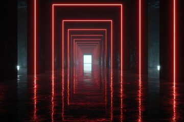 Fototapeta premium A futuristic tech tunnel with a cyberpunk vibe, featuring a long hallway illuminated by vibrant red neon lights, creating a glowing and atmospheric ambiance suitable for themes like Black Friday.