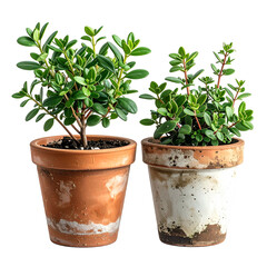 Two potted green plants sit side-by-side against a black background