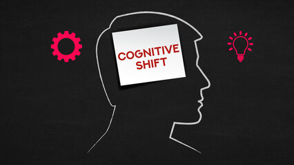 Cognitive Shift Concept with Human Head Silhouette and Sticky Note on Blackboard Background Text Banner Showing Human Head Silhouette with Blank Sticky Note on Chalkboard Background