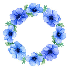 A circular floral wreath of blue flowers and green leaves on a transparent background