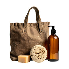 A canvas tote bag with spa products soap bar, sea sponge, and a dark pump bottle