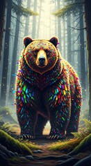 A majestic bear with a vibrant, colorful coat standing in a misty forest, its fur adorned with rainbow hues and glitching effects, creating a surreal scene