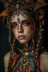 Fototapeta premium Artistic Portrait of Young Woman in Colorful Carnival Fantasy Costume on Dark Background