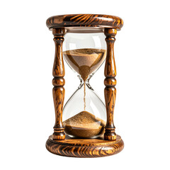 A detailed studio shot of an ornate wooden hourglass with sand flowing from top to bottom