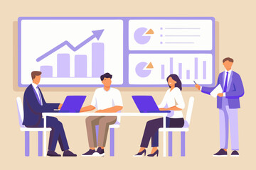Diverse business team collaborating in a modern office meeting room with charts and graphs displayed on a screen