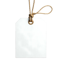 White blank tag hanging by a knotted twine loop against a stark black background