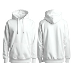 A front and back view of a blank, white hooded sweatshirt on a black background